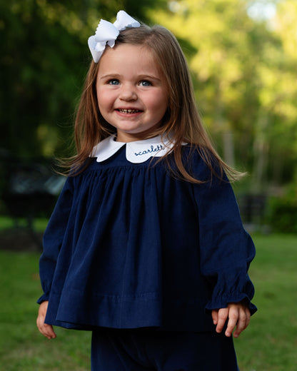 Navy Corduroy Scalloped Collar Pant Set
