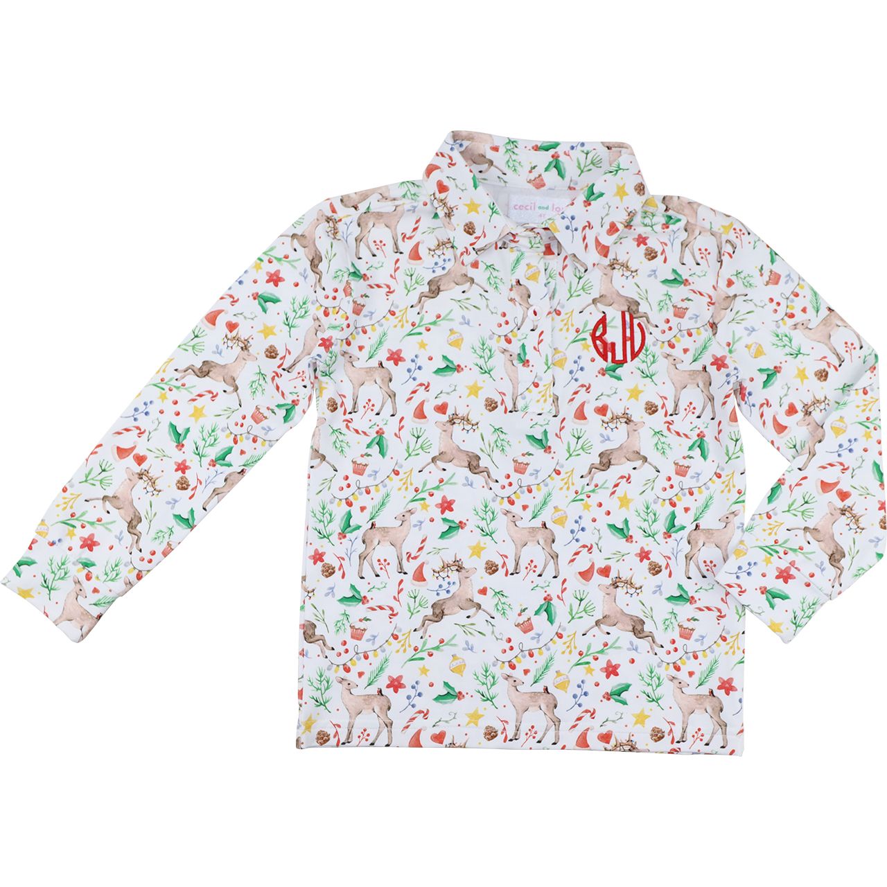 Holiday Reindeer Print Knit Polo Shirt