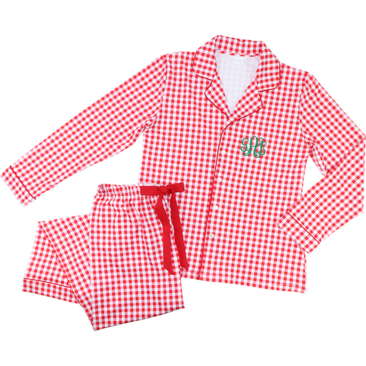 Women's Red And White Check Knit Pajamas