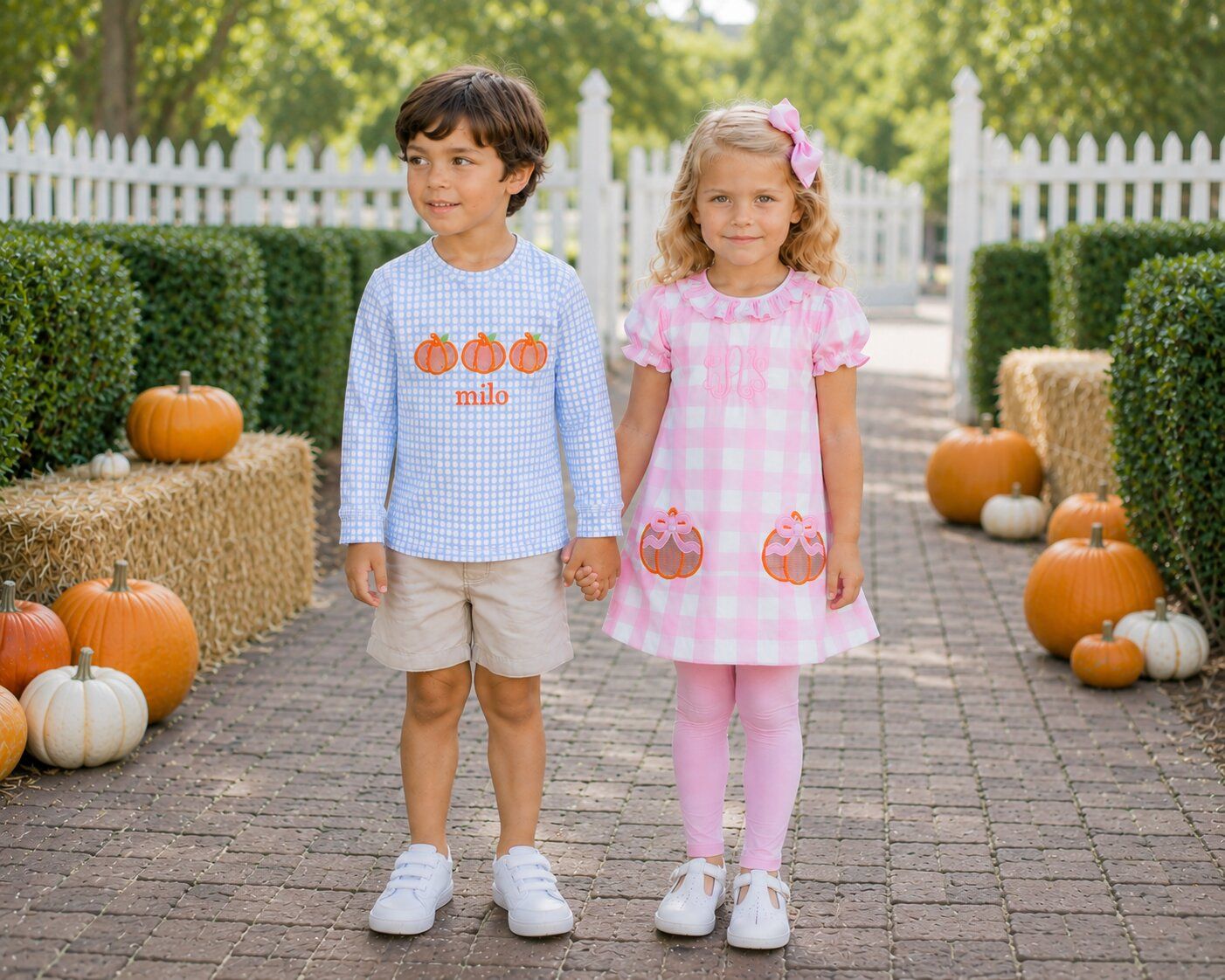 A boy and a girl standing outdoors with pumpkins and a white picket fence in the background