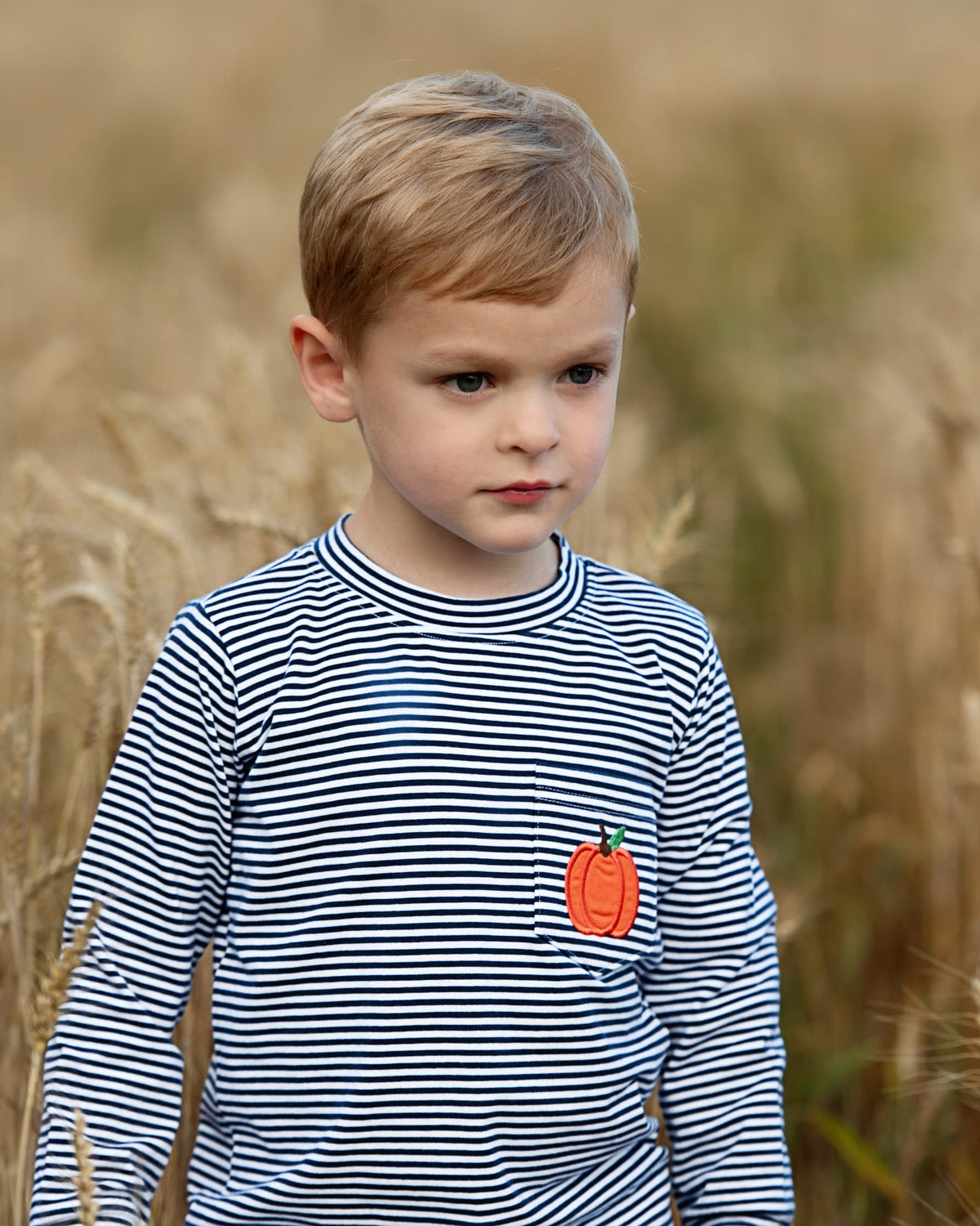 A young boy standing in a field of dry golden grass, wearing a navy and white horizontally striped long-sleeve shirt with a small orange pumpkin applique on the chest.