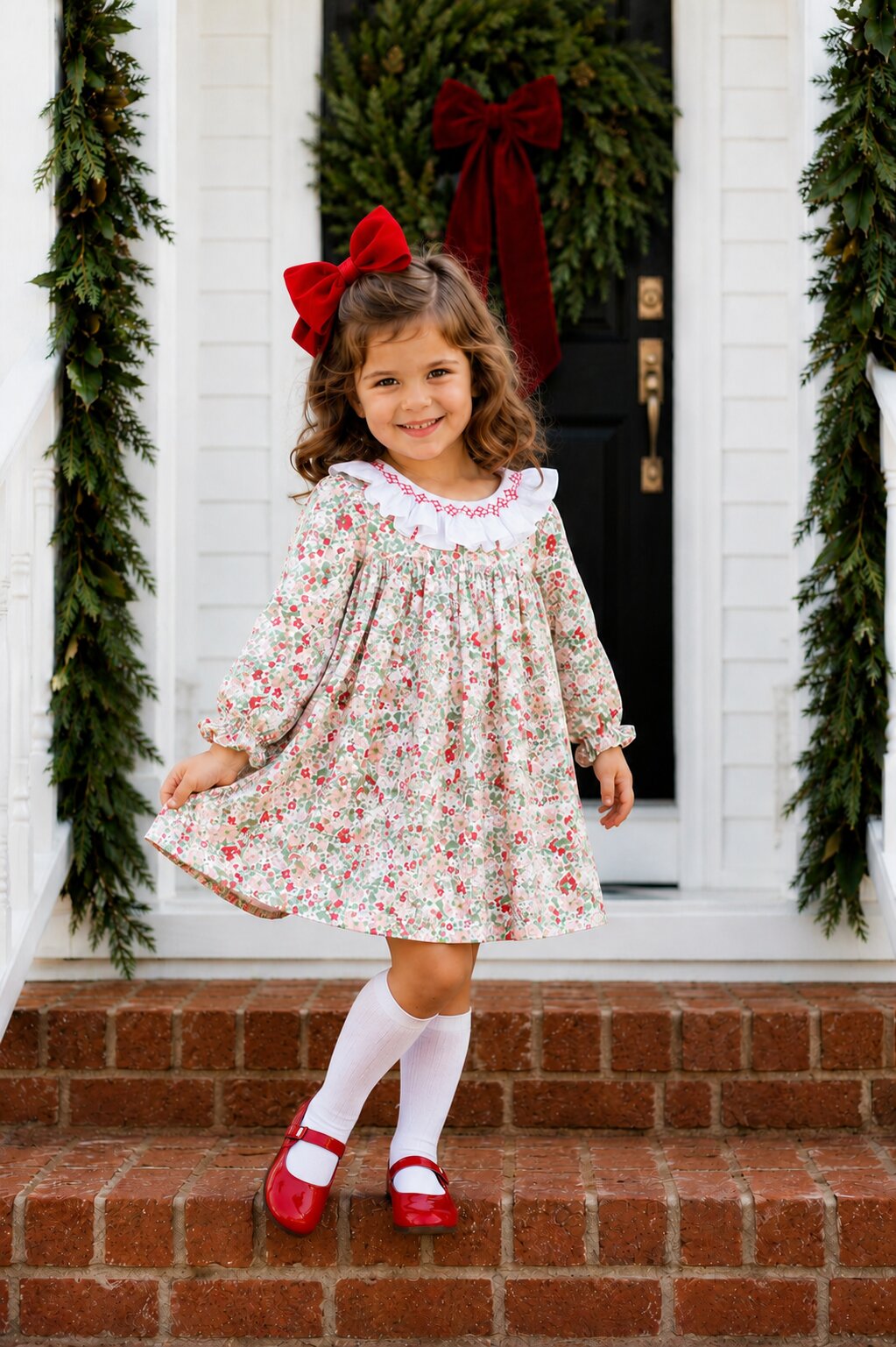 A young girl stands on brick steps in front of a white-fronted house decorated with a green wreath and red bow. She is wearing a long-sleeve cream dress with a red and green floral print, white knee-high socks, and red Mary Jane shoes, with a large red bow in her hair.