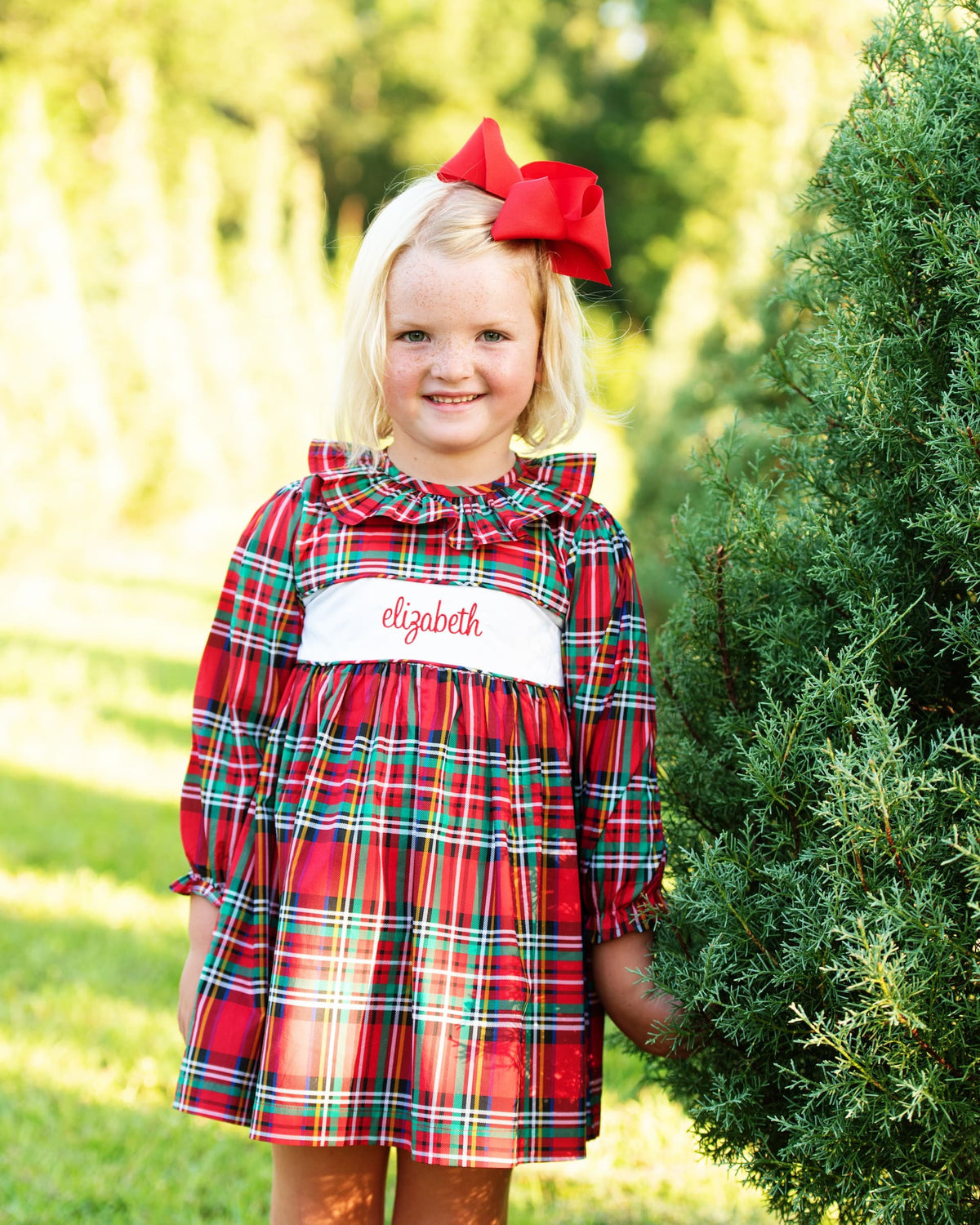 A young girl with blonde hair and a red bow stands outdoors next to a green tree, wearing a red plaid dress with a white chest panel embroidered with the name 'elizabeth' in red script.
