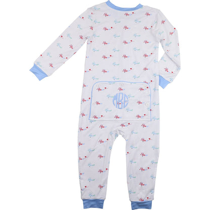 Boys bamboo zipper pajamas with red and blue airplane print, light blue cuffs, and blue round monogram on back flap, size 0-3M.