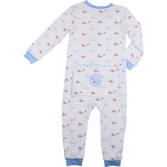 Boys bamboo zipper pajamas with red and blue airplane print, light blue cuffs, and blue round monogram on back flap, size 0-3M.