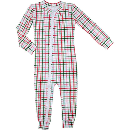 Red And Green Plaid Windowpane Knit Zipper Pajamas