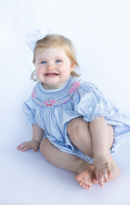 Blue Smocked And Embroidered Floral Bubble