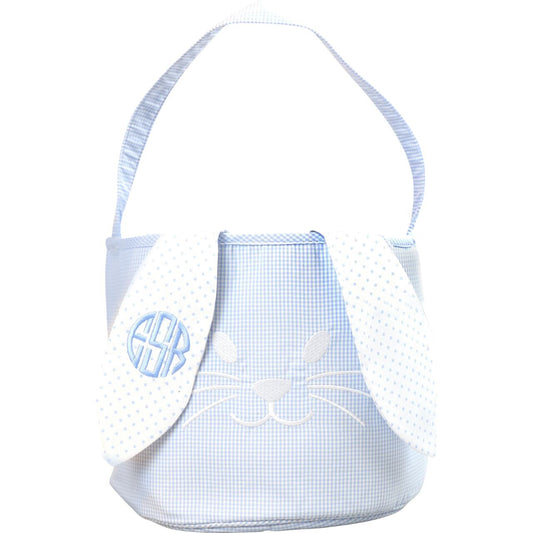 Baby basket with blue checkered pattern and white mesh, featuring a bunny face design on a white background.