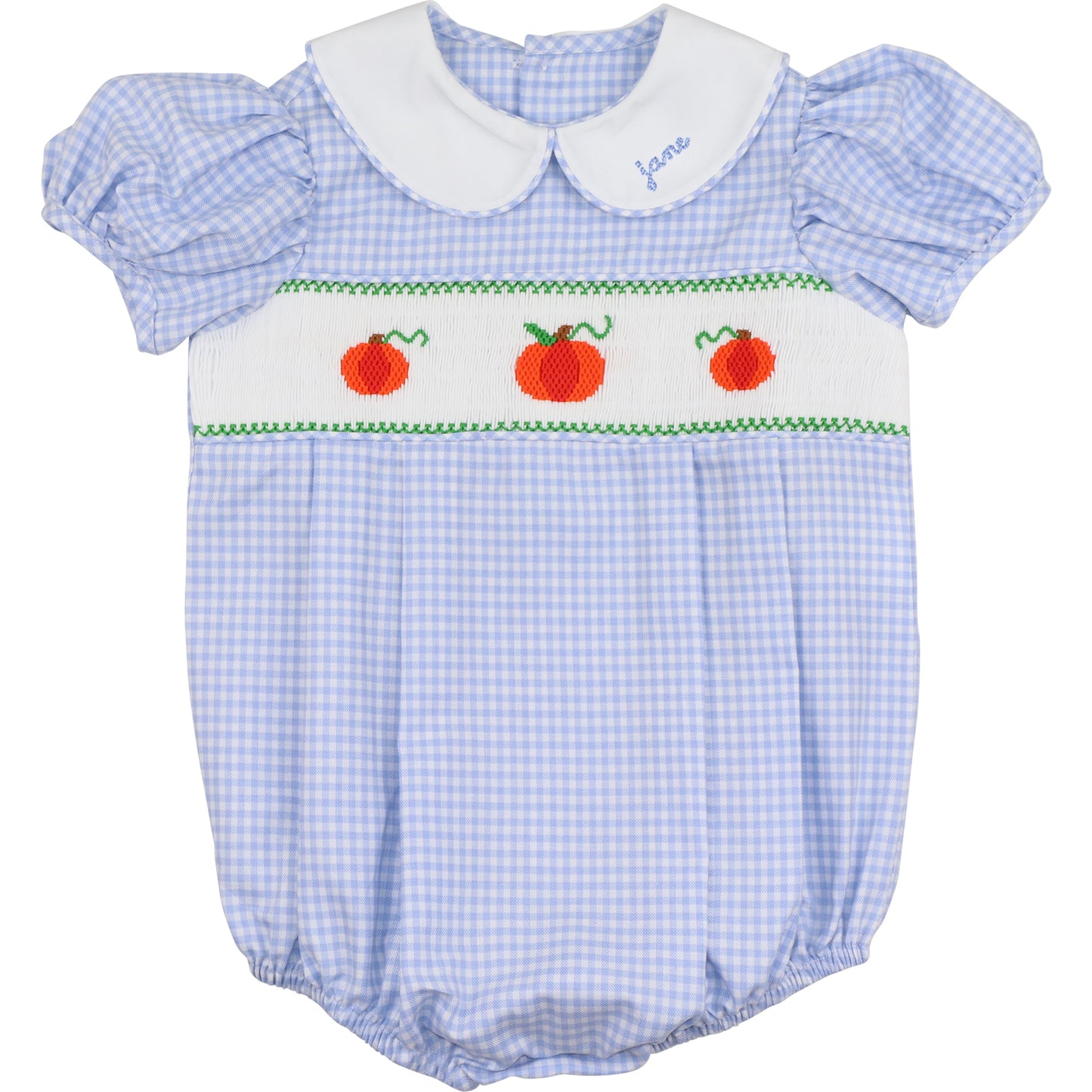 Baby bubble with blue checkered pattern and smocked pumpkins on a white background