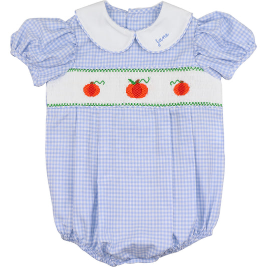 Baby bubble with blue checkered pattern and smocked pumpkins on a white background