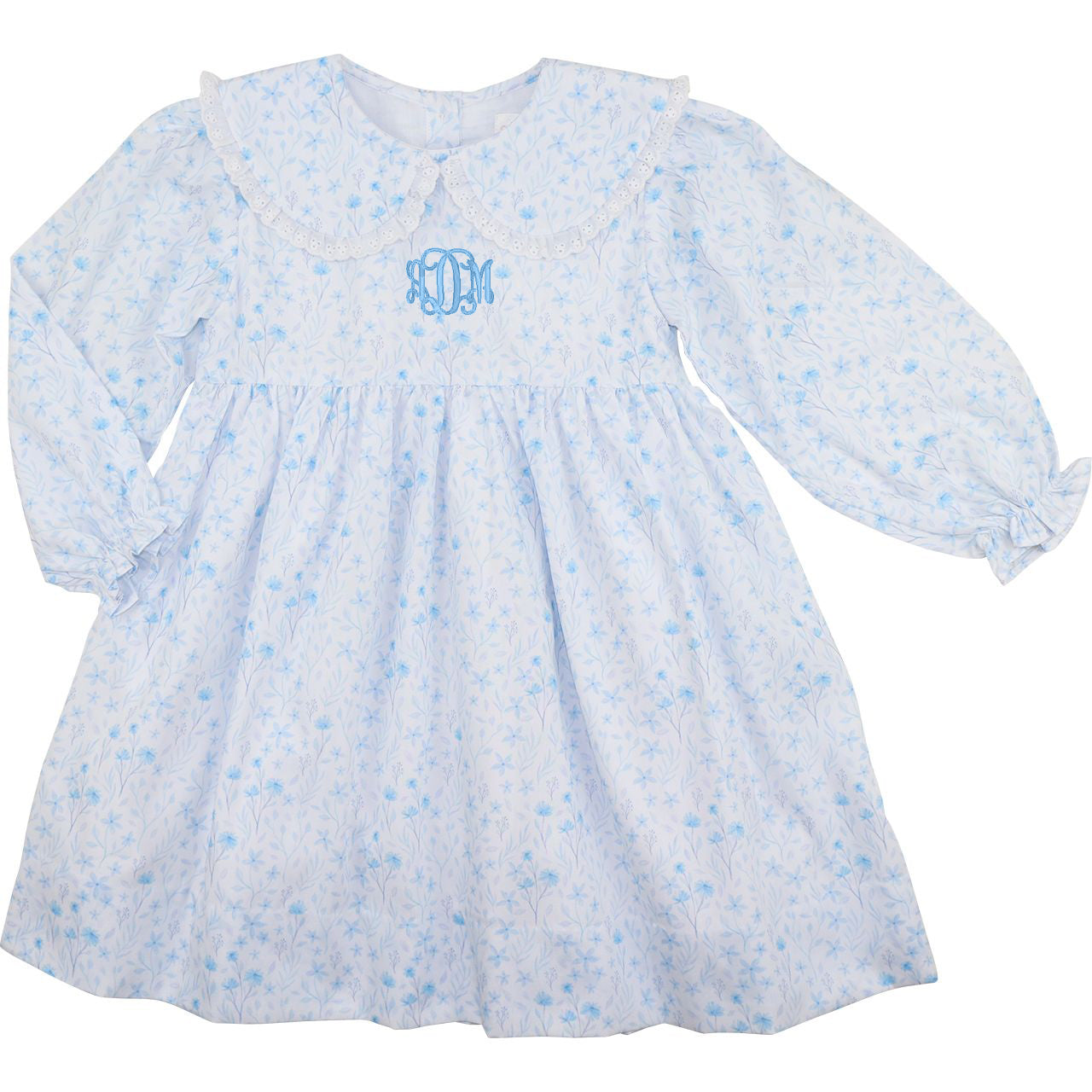 Baby dress with blue floral pattern and monogram on a white background
