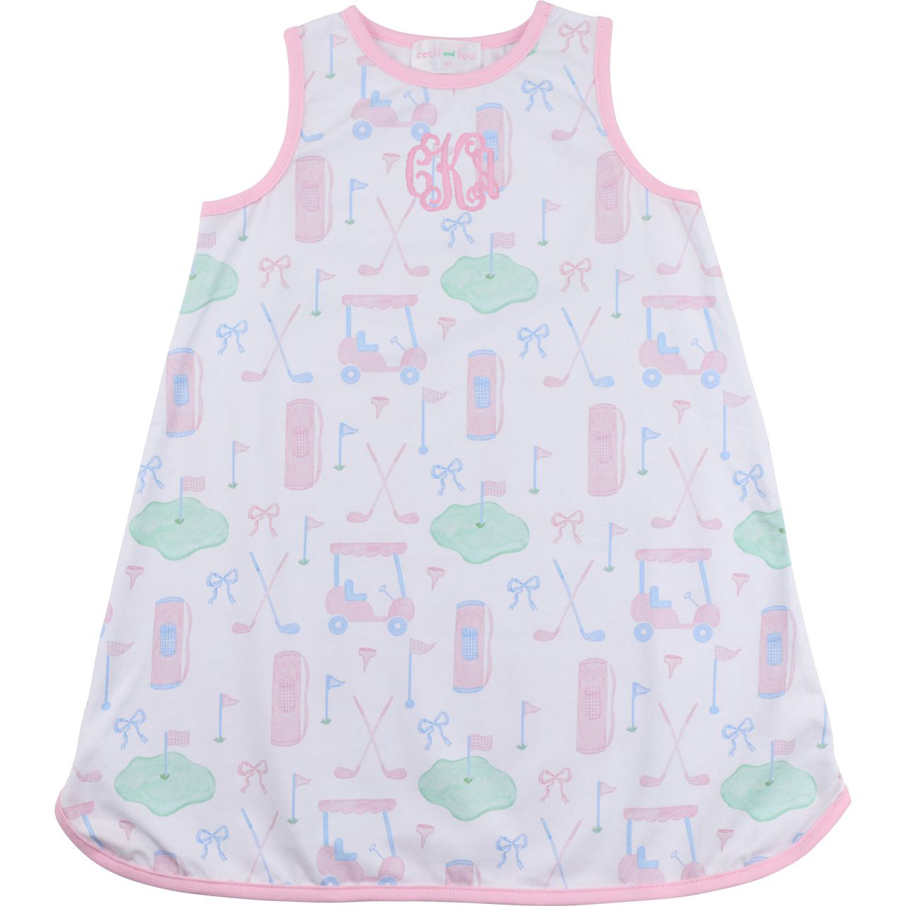 Baby dress with pink trim and colorful pattern on a white background