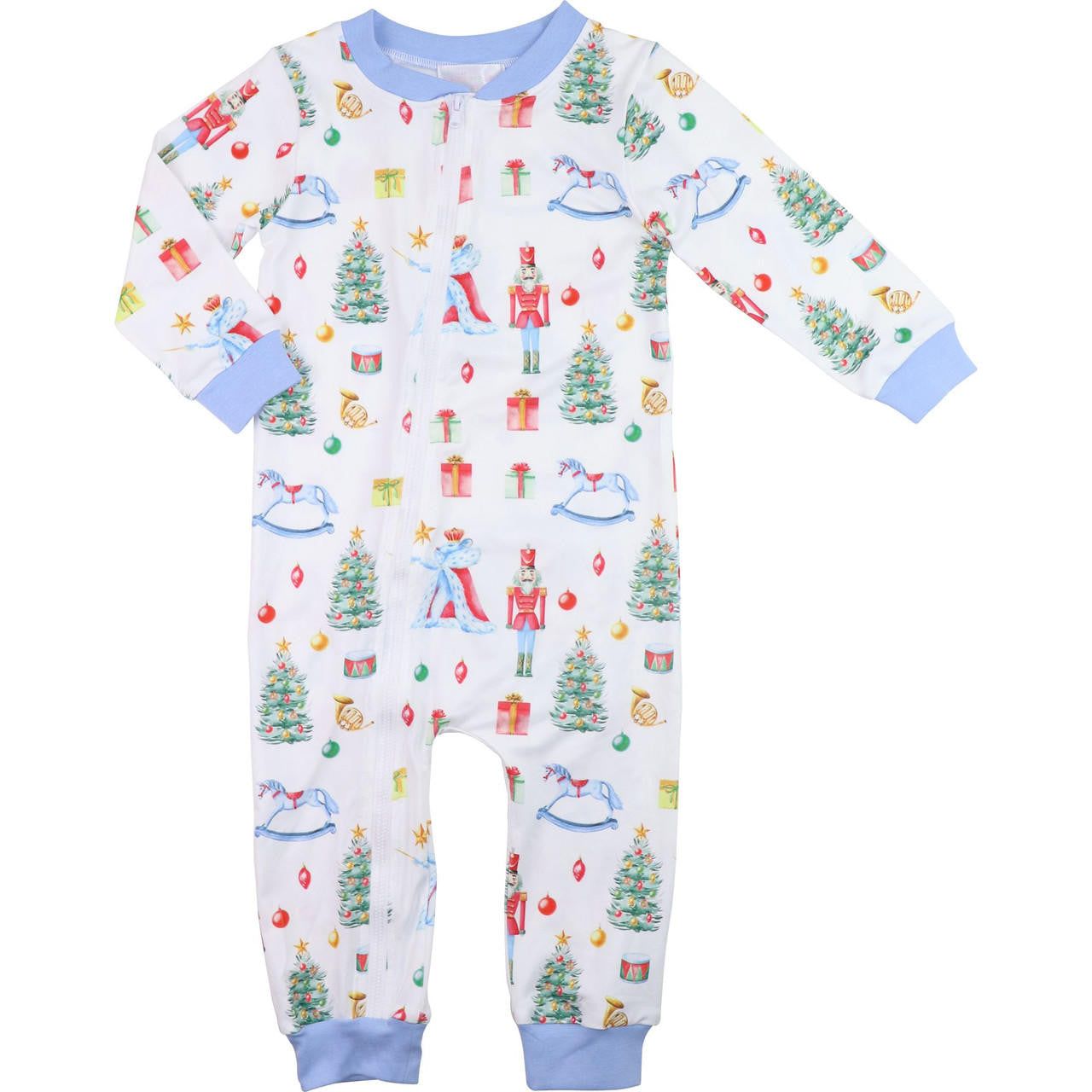 Baby onesie with Christmas-themed pattern on a white background