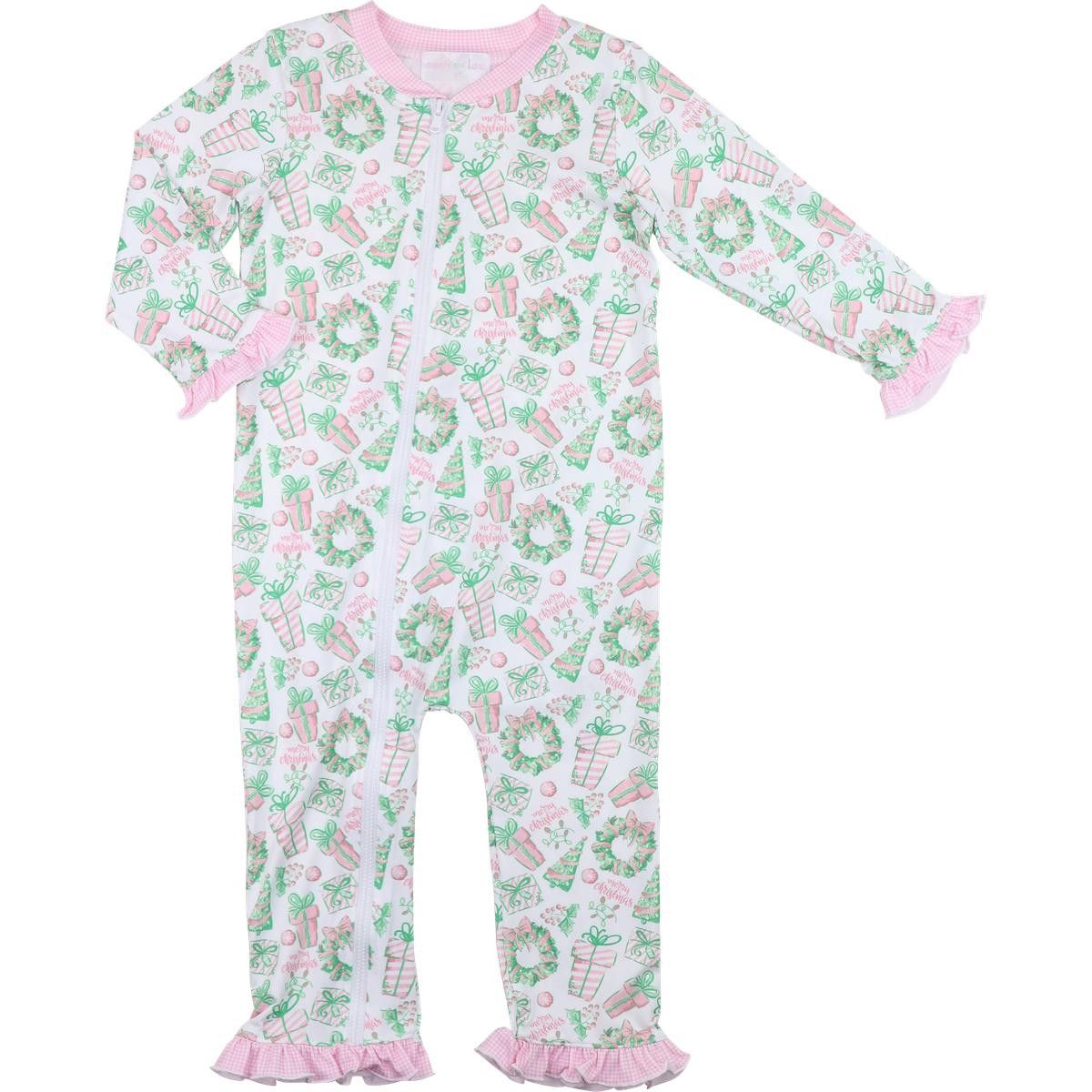 Baby onesie with Christmas-themed pattern on a white background