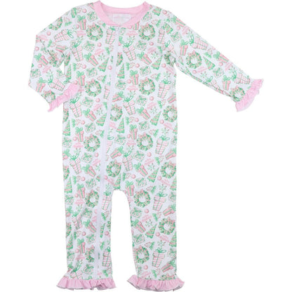 Baby onesie with Christmas-themed pattern on a white background