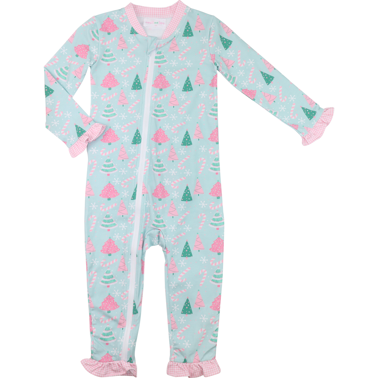 Baby onesie with Christmas tree pattern on a light blue background
