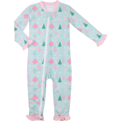 Baby onesie with Christmas tree pattern on a light blue background