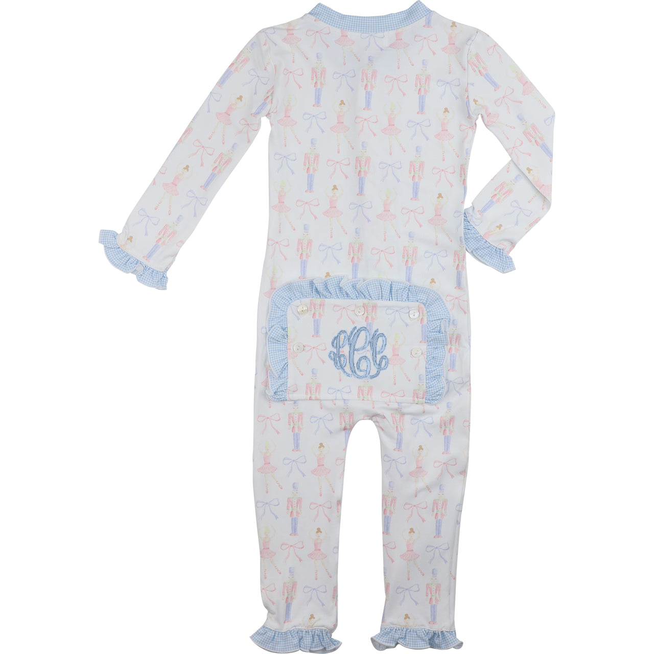 Baby onesie with a monogram on a white background