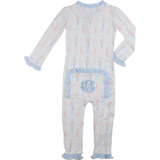 Baby onesie with a monogram on a white background