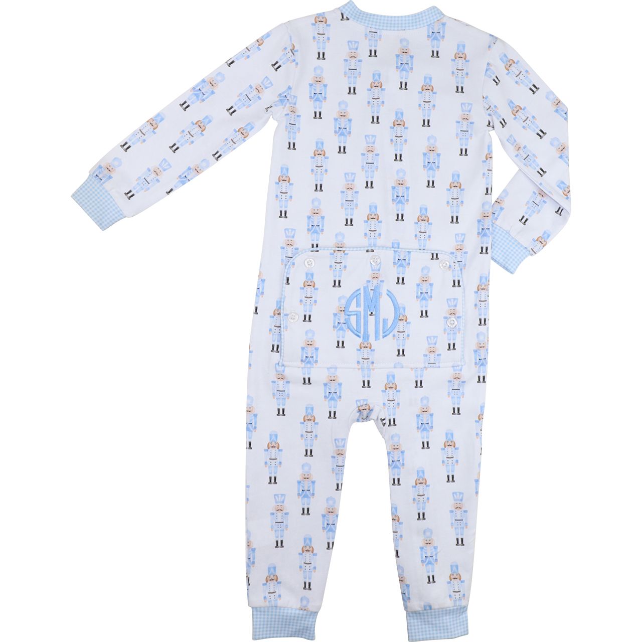 Baby onesie with blue and white pattern on a white background