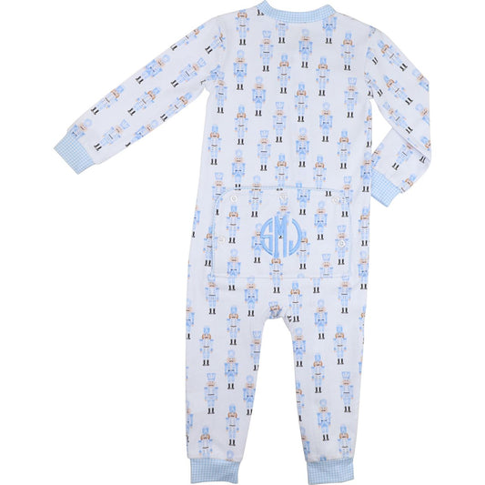 Baby onesie with blue and white pattern on a white background