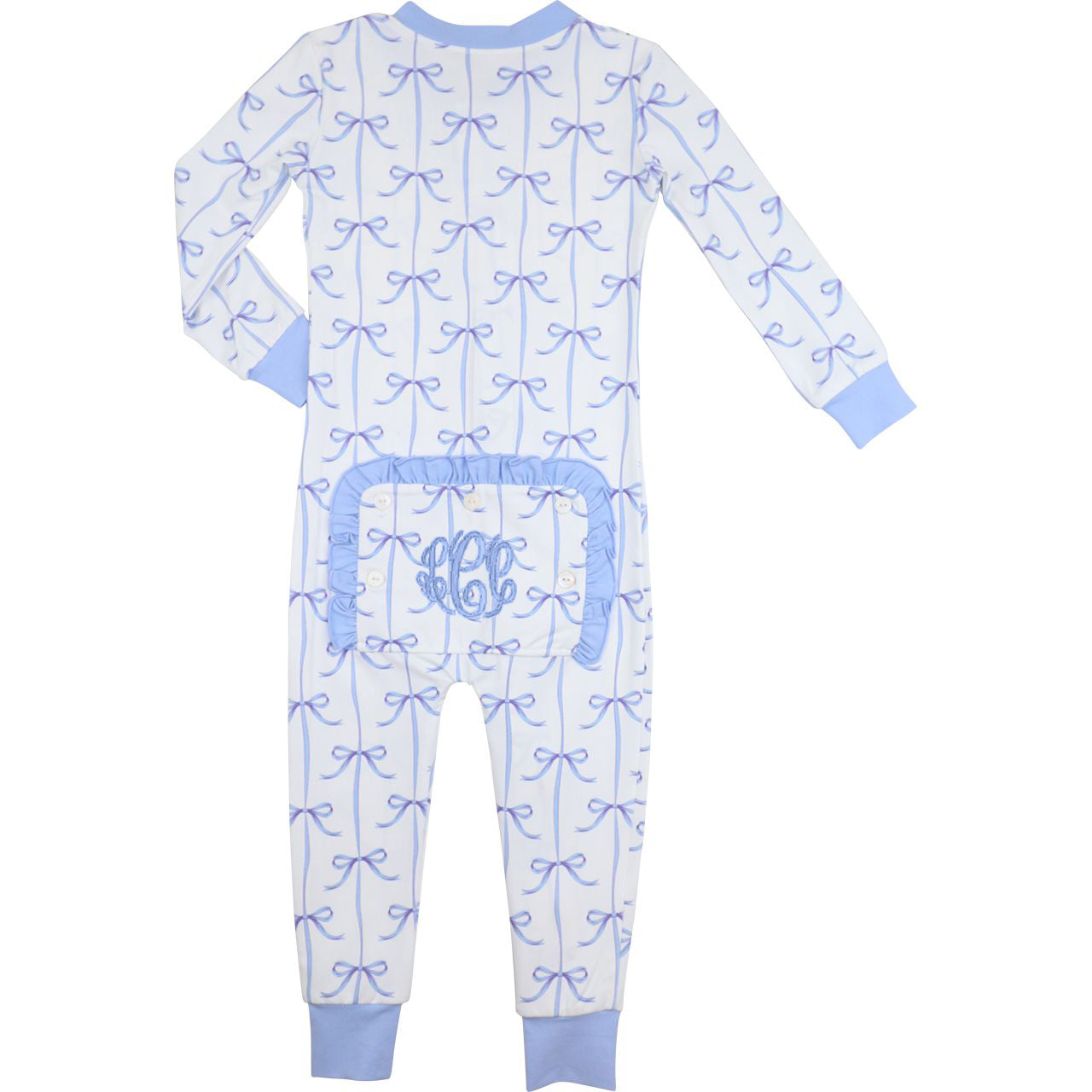 Baby onesie with blue bow pattern on a white background