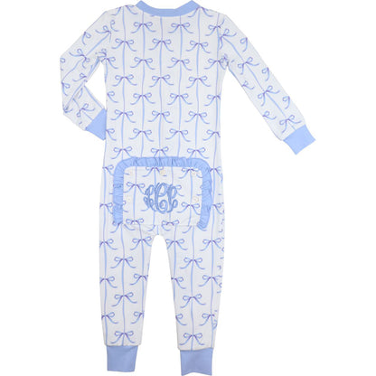 Baby onesie with blue bow pattern on a white background