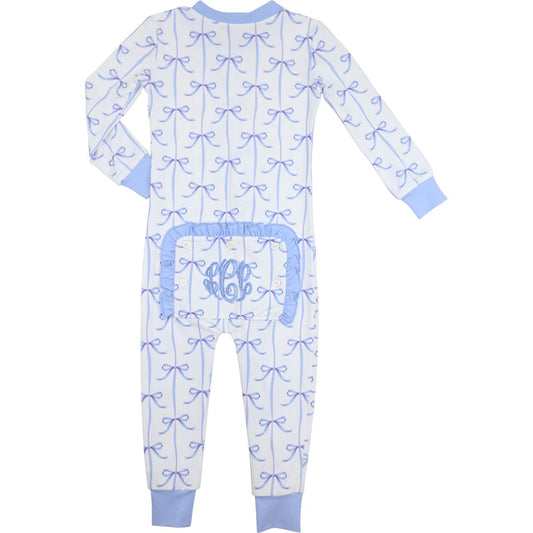 Baby onesie with blue bow pattern on a white background