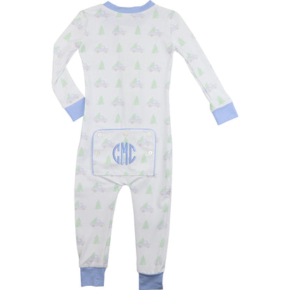 Baby onesie with blue cuffs and monogram on a white background