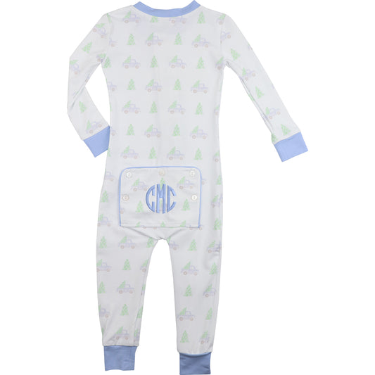 Baby onesie with blue cuffs and monogram on a white background