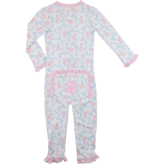 Baby onesie with pink and blue pattern on a white background
