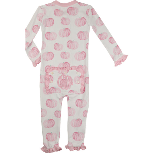 Baby onesie with pink pumpkin pattern on a white background