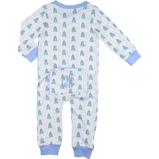 Baby onesie with tree pattern and a monogram on a white background