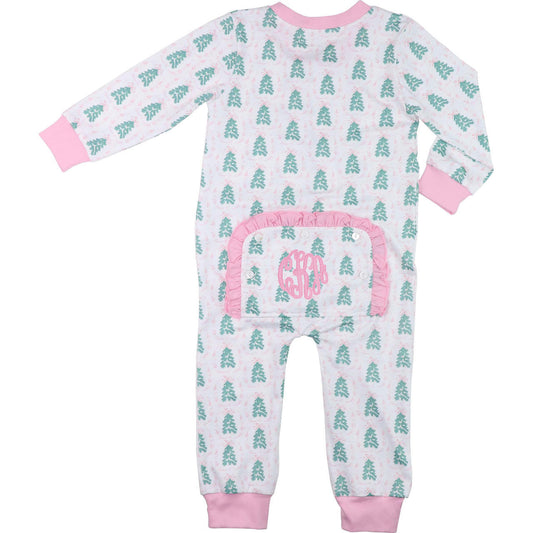 Baby onesie with tree pattern and pink accents on a white background