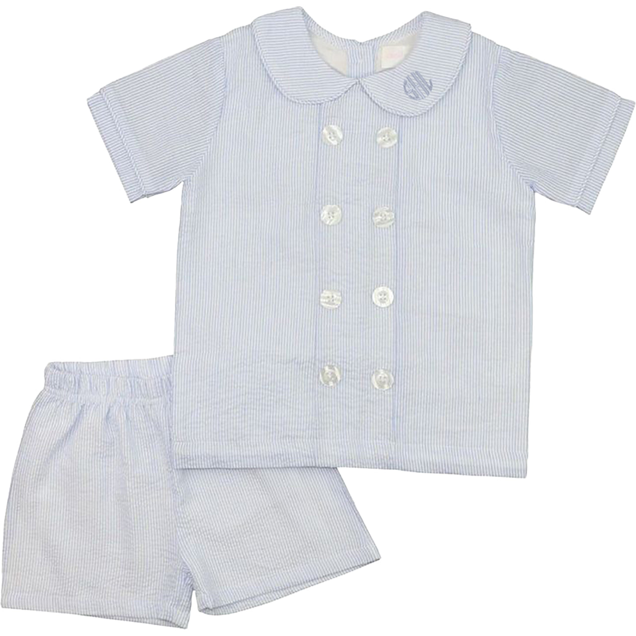Baby outfit with striped shirt and shorts on a white background