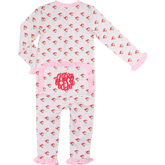 Baby romper with mermaid pattern and pink monogram on a white background
