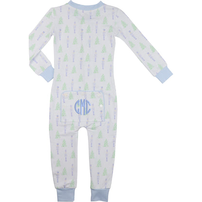 Baby zipper pajama with tree pattern and monogram on a white background