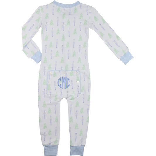 Baby zipper pajama with tree pattern and monogram on a white background
