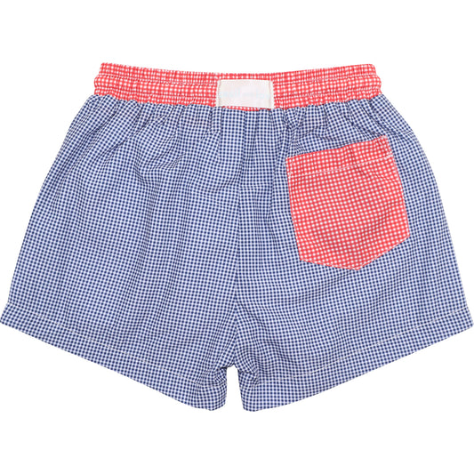 Back of Gingham Smocked Flag Swim Trunks1