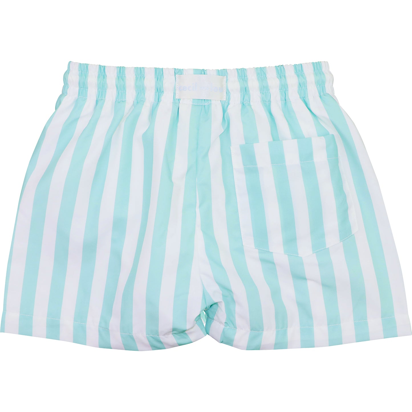 Back view of mint striped swim trunks