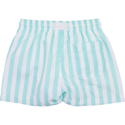 Back view of mint striped swim trunks