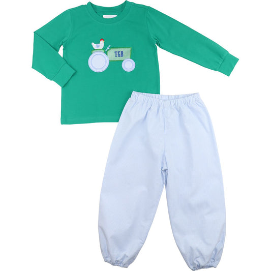 Green And Blue Gingham Applique Tractor Pant Set