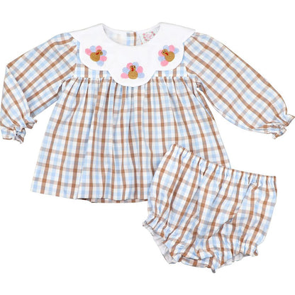 Blue And Brown Check Embroidered Turkeys Diaper Set