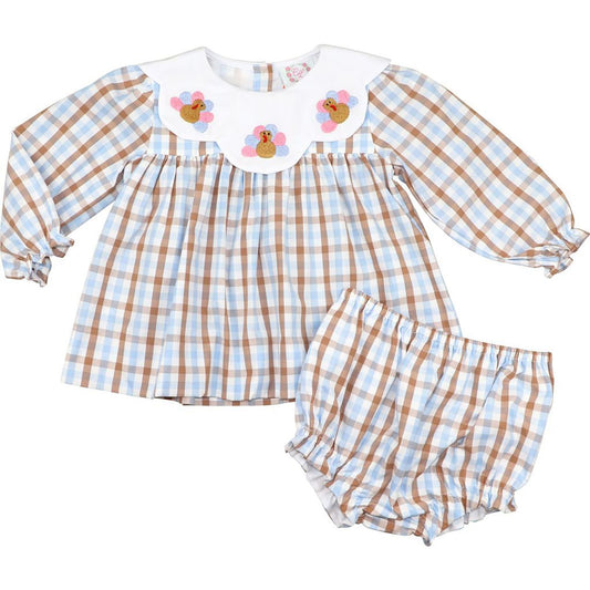 Blue And Brown Check Embroidered Turkeys Diaper Set