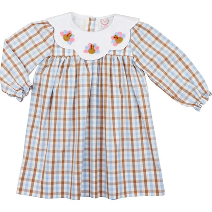 Blue And Brown Check Embroidered Turkeys Dress