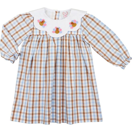 Blue And Brown Check Embroidered Turkeys Dress