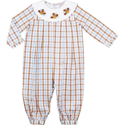 Blue And Brown Check Embroidered Turkeys Long Romper