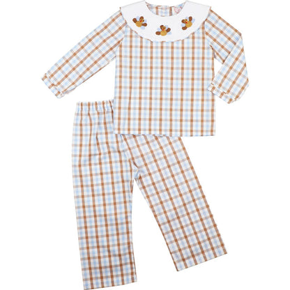 Blue And Brown Check Embroidered Turkeys Pant Set