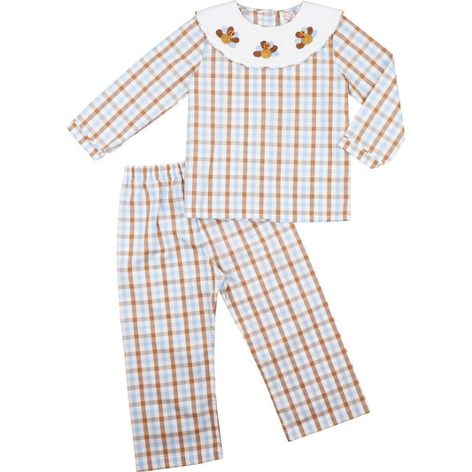 Blue And Brown Check Embroidered Turkeys Pant Set