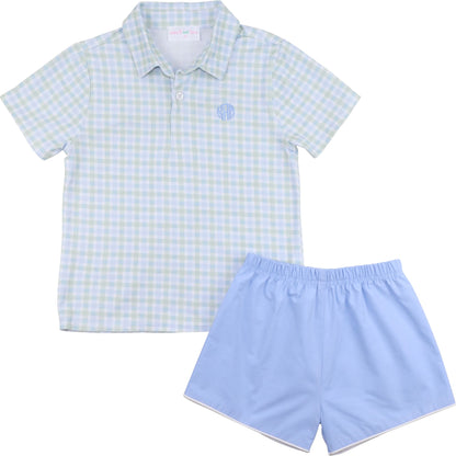 Blue And Green Check Polo Short Set